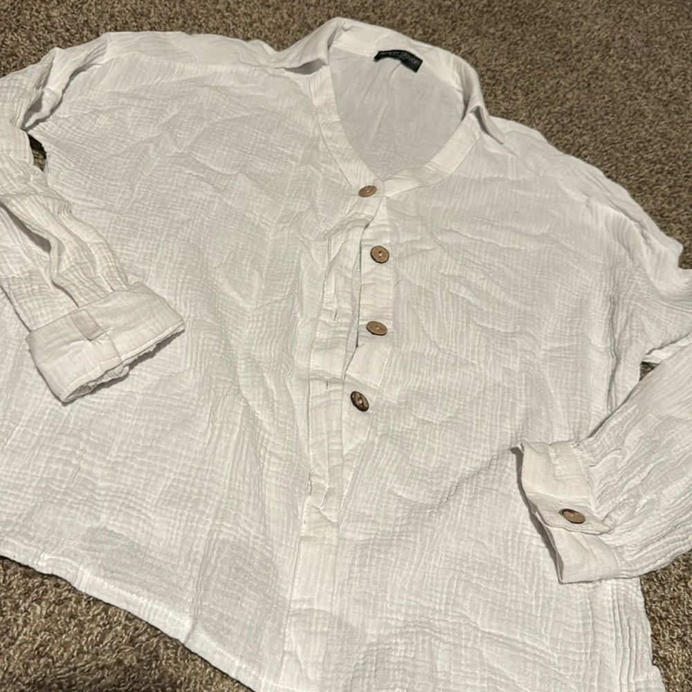 Simple Flavor 100% cotton classic white button-down shirt w/collared v-neck (XL)